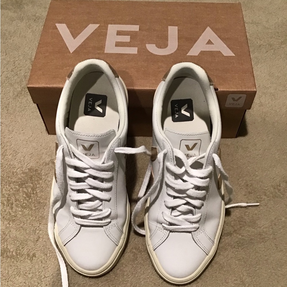 Veja Women's White and Gold Accent Sneakers - Picture 4 of 7